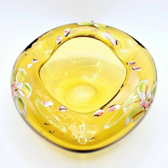 Vintage Amber Blown Glass Ashtray Hand Painted Flowers Gold Gilt Painting - Picture 8 of 10